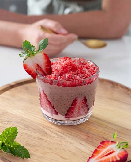 High-Protein Chocolate Chia Pudding with Strawberry Shaved Ice