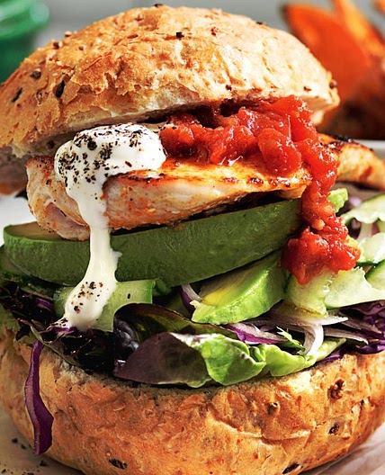 Mexican chicken burgers with golden kumara wedges