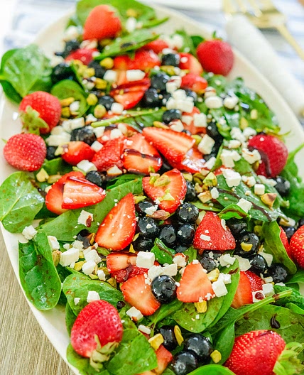 Strawberry Spinach Salad with Blueberries & Feta