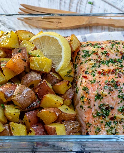 One Sheet-Pan Garlic Butter Salmon + Red Potatoes