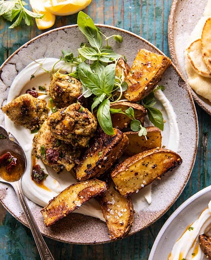 Sheet Pan Pesto Chicken and Lemon Butter Potatoes with Whipped Feta