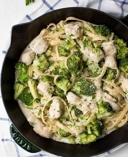 Lightened Up One Pan Chicken and Broccoli Fettuccine Alfredo