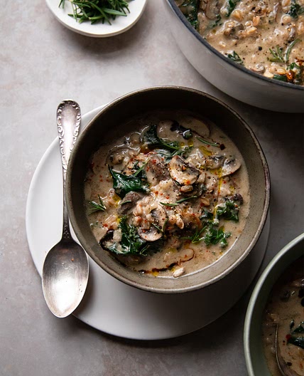 Creamy Vegan Mushroom Stew with Farro and Kale