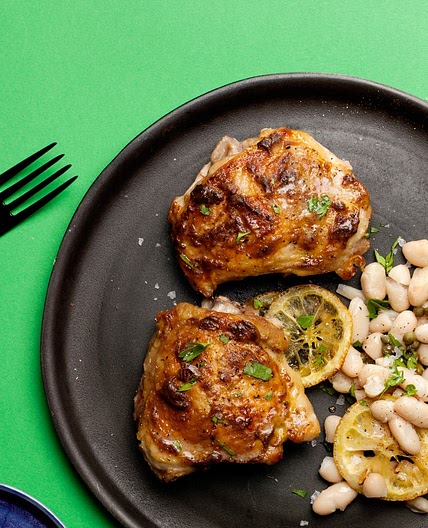 Roasted Chicken Thighs with White Beans, Lemon, and Capers