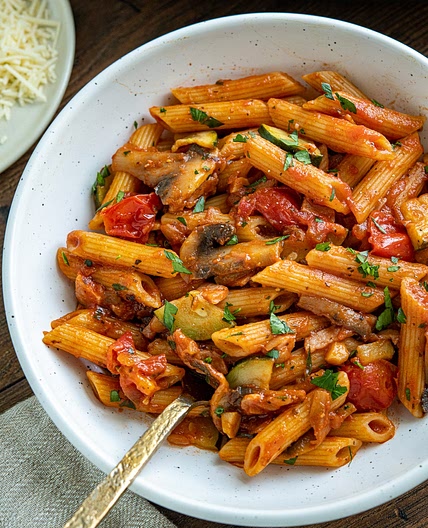 Mushroom, Bacon, Tomato and Zucchini Pasta