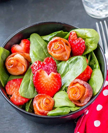 Valentine's Day Salad: Baby Spinach with Bacon Roses and Strawberry Hearts