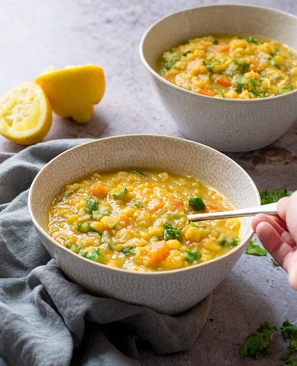Yellow Split Pea Soup with lemon and curly kale
