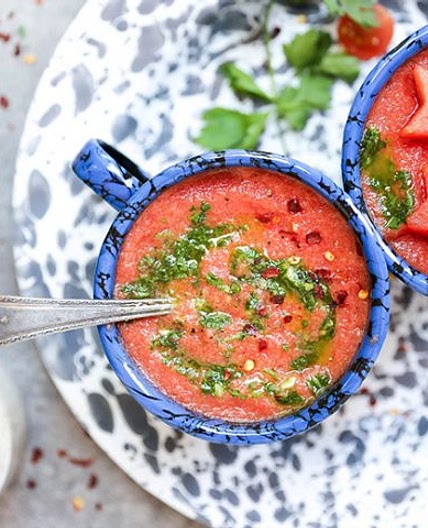 Watermelon and Tomato Gazpacho with Chimichurri Sauce