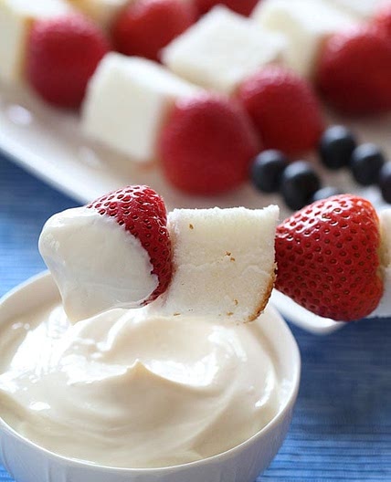 Red White and Blue Fruit Skewers with Cheesecake Yogurt Dip