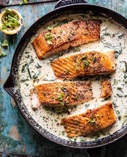 Garlic Butter Creamed Spinach Salmon