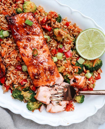 asian glazed salmon with veggie rice