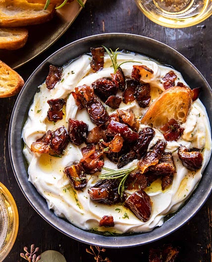 Whipped Goat Cheese with Warm Candied Bacon and Dates