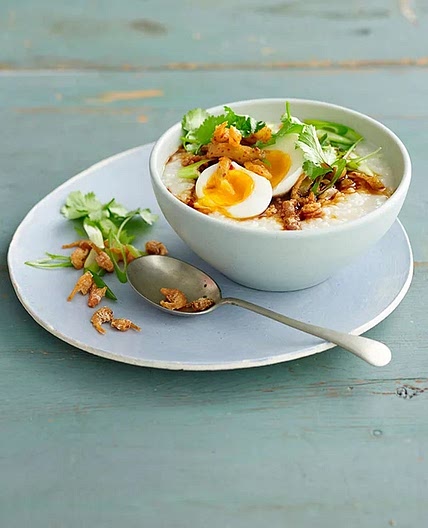 Simple ginger congee with egg and dried shrimp