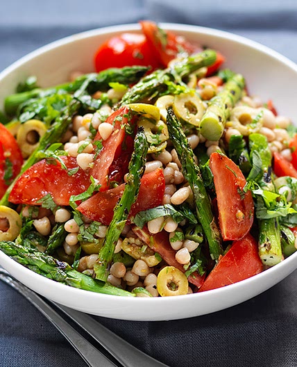 Tomato, olive, asparagus and bean salad