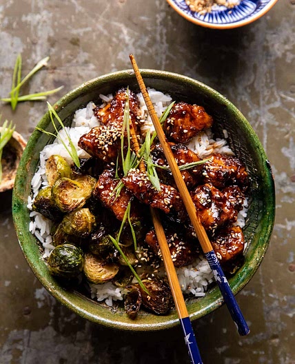 Sheet Pan Sticky Ginger Sesame Chicken and Crispy Brussels Sprouts
