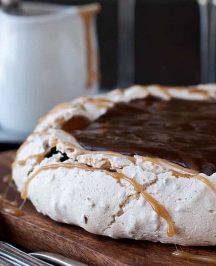 Coconut Pavlova with Pudding and Caramel Sauce