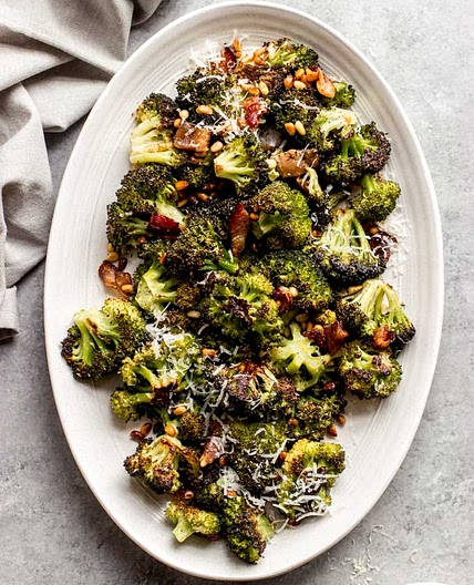 Roasted Broccoli with Bacon, Pine Nuts, and Parmesan