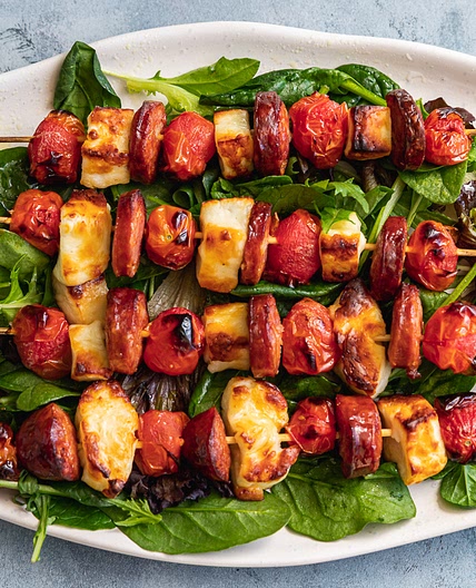 Halloumi Kebabs With Chorizo, Tomatoes And Honey Lime Dressing