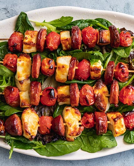 Halloumi Kebabs With Chorizo, Tomatoes And Honey Lime Dressing