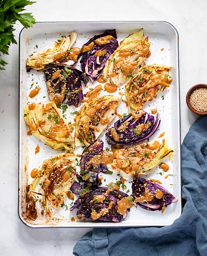 Oven Roasted Cabbage with Tahini Miso Sauce