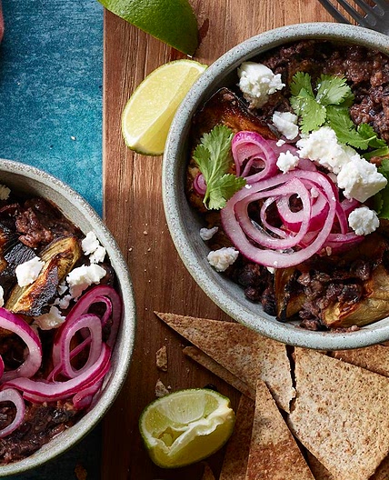 Aubergine and black bean bowl