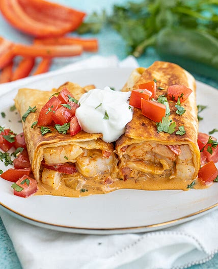 Crispy Shrimp Burrito (Chimichanga) with Tomatoes, Cilantro & Yogurt