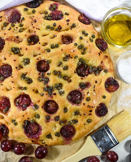 Grape Focaccia Recipe with Chili and Capers
