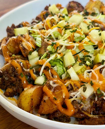 Blackstone Cheesy Potato Burger Bowls