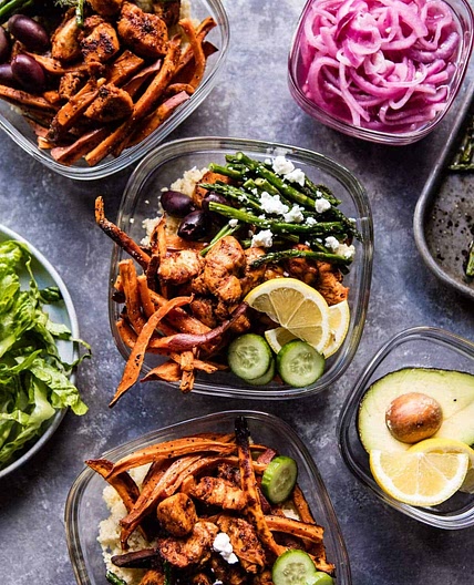 Chicken Shawarma and Sweet Potato Fry Bowls