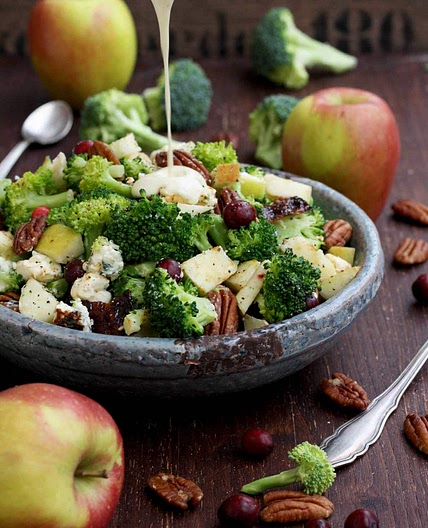 Healthy Broccoli Salad with Vegan Bacon, Apples, Blue Cheese and Pecans