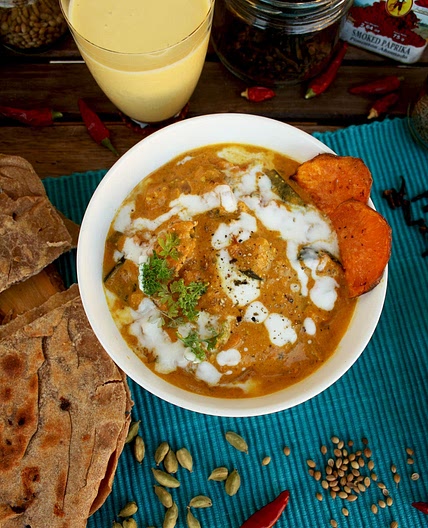 Roasted Eggplant Curry with Whole Grain Cheese Paratha Flat Bread