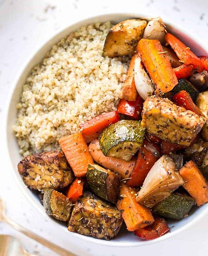 Meal Prep Balsamic Tempeh & Roasted Vegetable Quinoa Bowls