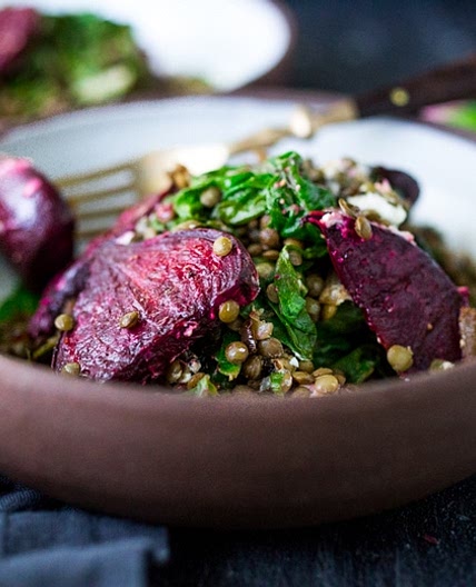 Warm Lentils with Wilted Chard, Roasted Beets and Goat Cheese