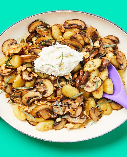 One-Pan Ricotta-Dolloped Gnocchi with Mushrooms, Walnuts & Sage