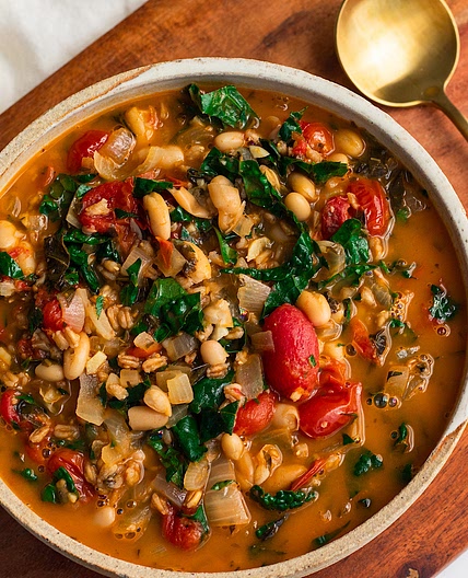 roasted tomato and white bean stew with farro