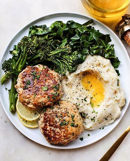 Rosemary Lemon Chicken Patties & Parmesan Cauliflower Mash