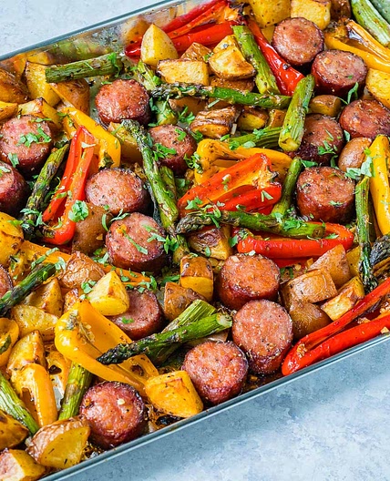 One Pan Honey Garlic Sausage + Veggies Recipe