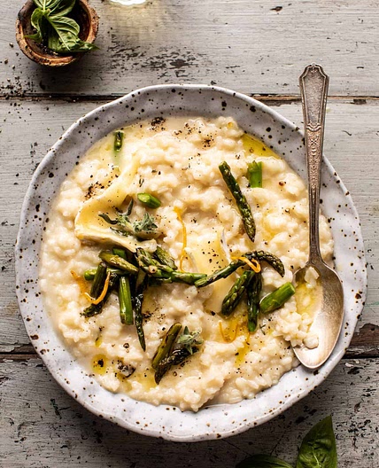 No Stir Brie Risotto with Lemon Butter Asparagus