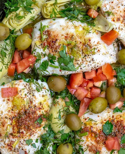 One-Pan Mediterranean Haddock with Artichoke Hearts and Olives
