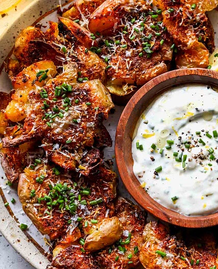 Paprika-Parmesan Smashed Potatoes with Garlic Aioli