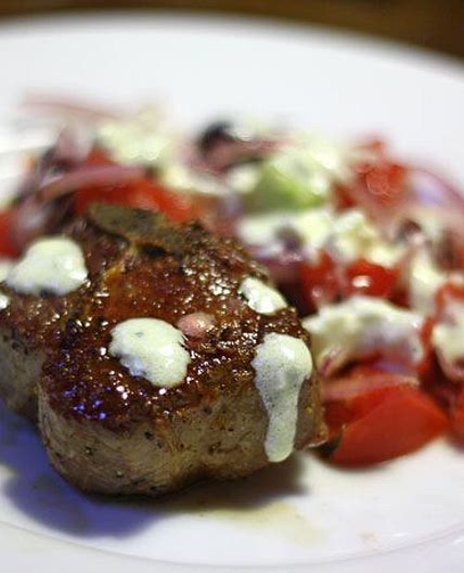 Lamb Loin Chops with Greek Salad and Yogurt-Lemon Sauce Recipe