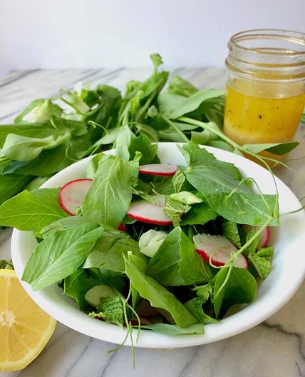 Spring Pea Shoot Salad with Lemon-Garlic Dressing