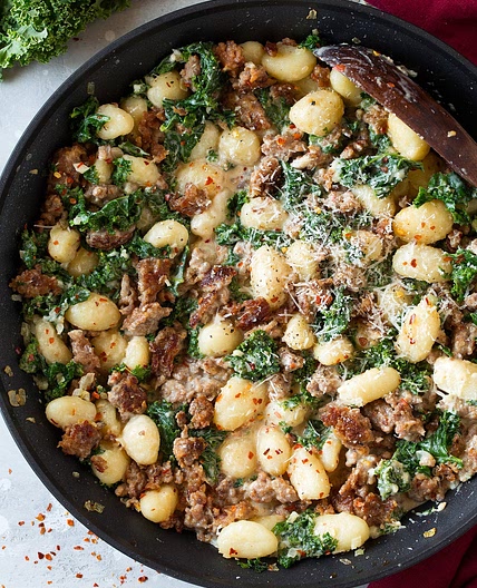 One Pan Creamy Gnocchi with Italian Sausage and Kale