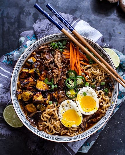 Crockpot Caramelized Pork Ramen Noodle Soup w/Curry Roasted Acorn Squash