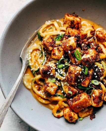 Spicy Sesame Zoodles with Crispy Tofu