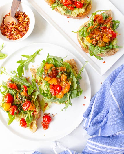 Avocado Hummus Toast with Burst Tomatoes
