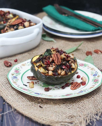Vegan Stuffed Acorn Squash with Wild Rice, Apples and Caramelized Onions