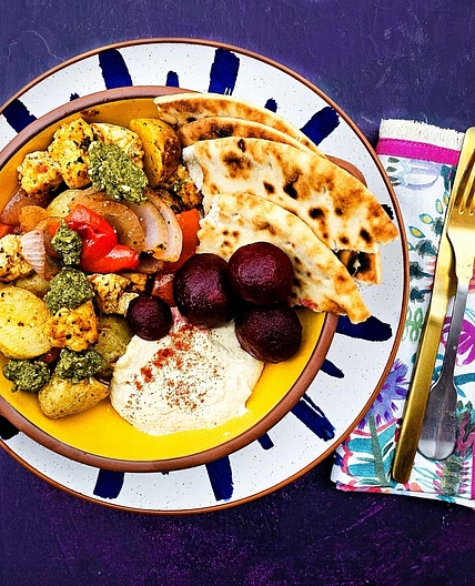 Easy Roasted Red Pepper Tofu Bake with Potatoes