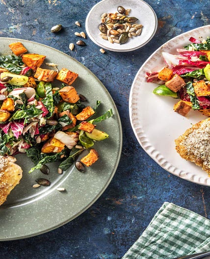 Herb-Crusted Honey-Mustard Chicken with Kale and Roasted Sweet Potato Salad