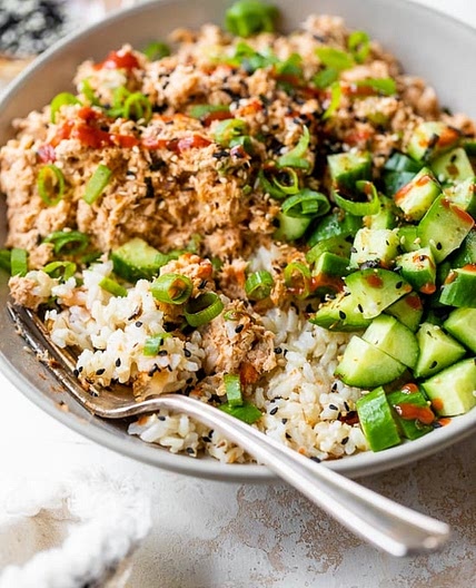 Spicy Canned Salmon Salad Rice Bowl